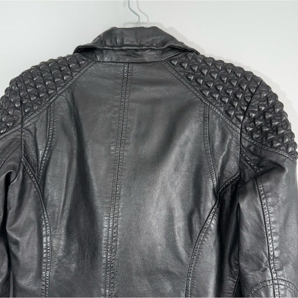 Mango Textured Panel Genuine Leather Biker Jacket Black XS Quilted Shoulder Moto - Picture 12 of 16